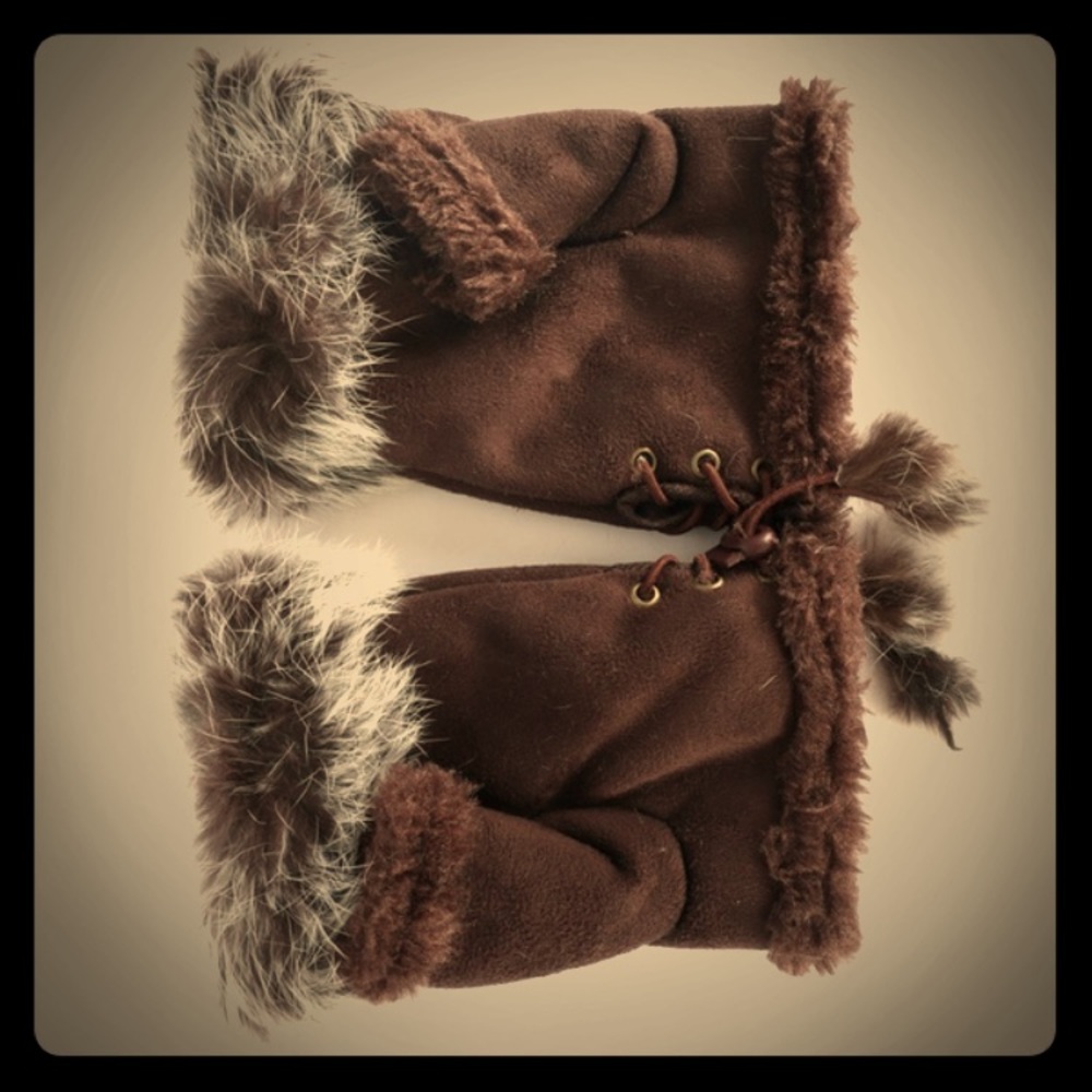 Fur Lined Faux Suede Half Mittens / Gloves. S/M